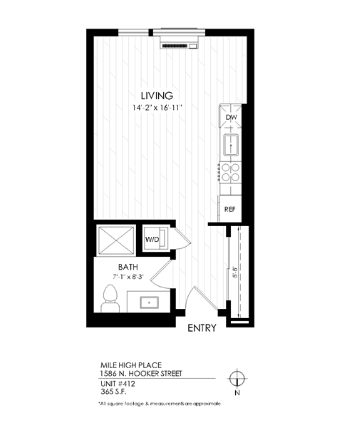 Floor plan for studio, 1 bath, 420 sqft